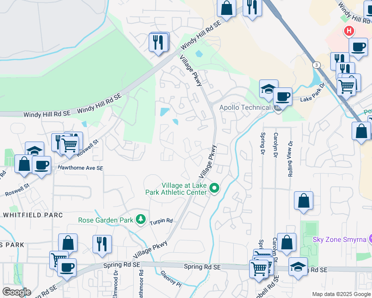 map of restaurants, bars, coffee shops, grocery stores, and more near 202 Woodlands Drive Southeast in Smyrna