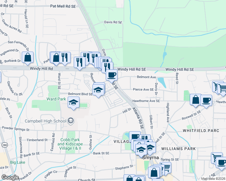 map of restaurants, bars, coffee shops, grocery stores, and more near 1 Dixie Avenue Southeast in Smyrna