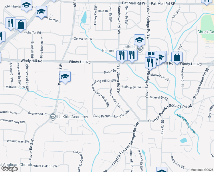 map of restaurants, bars, coffee shops, grocery stores, and more near 185 Long Drive Southwest in Marietta
