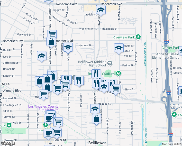 map of restaurants, bars, coffee shops, grocery stores, and more near 15539 Woodruff Avenue in Bellflower
