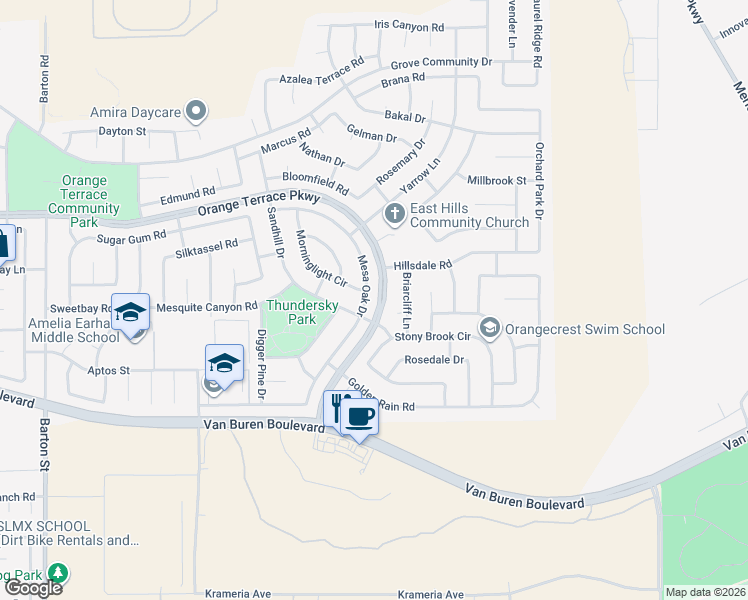 map of restaurants, bars, coffee shops, grocery stores, and more near 8748 Mesa Oak Drive in Riverside