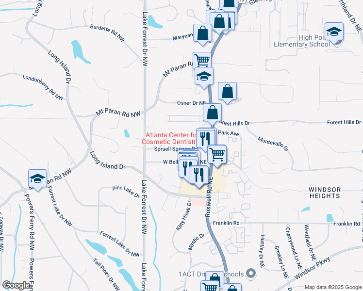 map of restaurants, bars, coffee shops, grocery stores, and more near 90 Spruell Springs Road in Sandy Springs