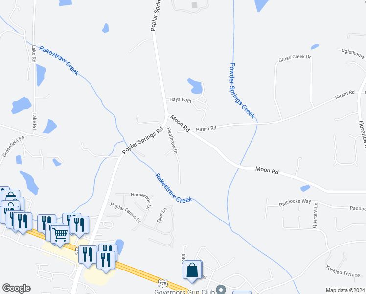 map of restaurants, bars, coffee shops, grocery stores, and more near 32 High Pines Court East in Hiram