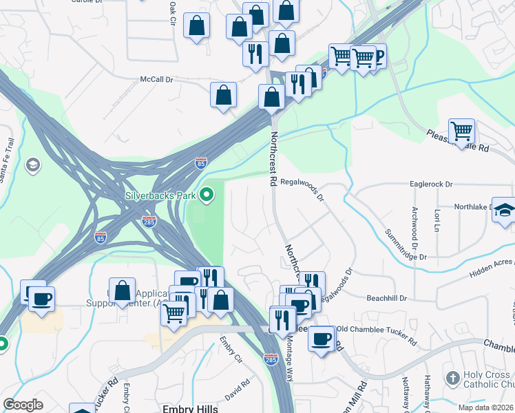 map of restaurants, bars, coffee shops, grocery stores, and more near 3456 Rose Arbor Court in Atlanta