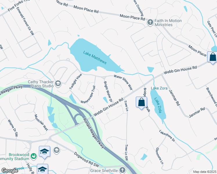 map of restaurants, bars, coffee shops, grocery stores, and more near 2258 Bright Water Drive in Snellville