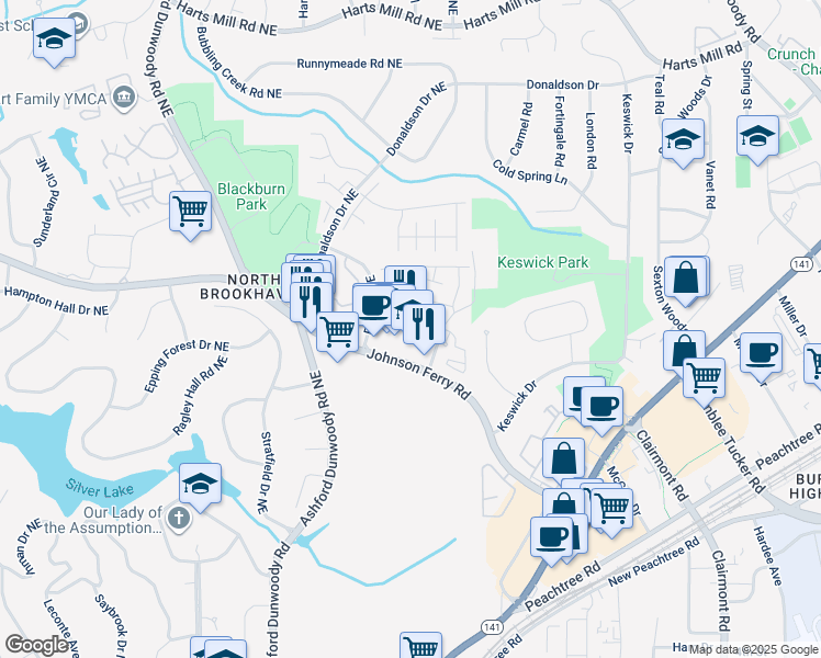 map of restaurants, bars, coffee shops, grocery stores, and more near 3411 Durden Drive Northeast in Atlanta