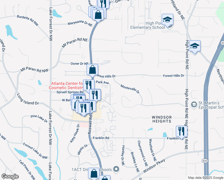 map of restaurants, bars, coffee shops, grocery stores, and more near 315 Montevallo Drive in Sandy Springs
