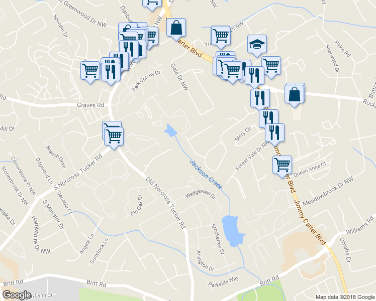 map of restaurants, bars, coffee shops, grocery stores, and more near 1168 Creeldale Drive Northwest in Norcross