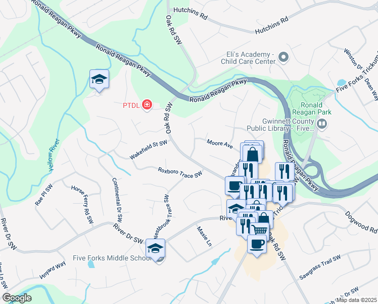 map of restaurants, bars, coffee shops, grocery stores, and more near 894 Oak Road Southwest in Lawrenceville