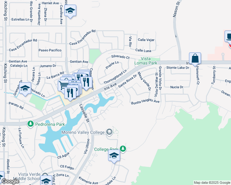 map of restaurants, bars, coffee shops, grocery stores, and more near 26327 Iris Avenue in Moreno Valley