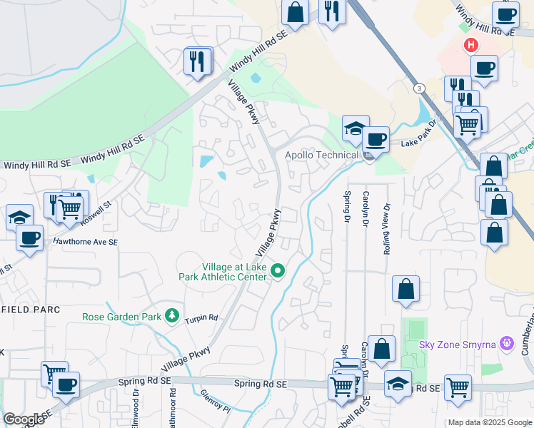 map of restaurants, bars, coffee shops, grocery stores, and more near 3809 Woodlands Drive Southeast in Smyrna