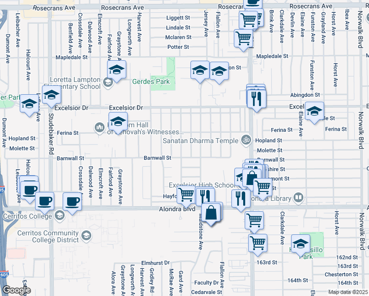 map of restaurants, bars, coffee shops, grocery stores, and more near 15217 Gard Avenue in Norwalk