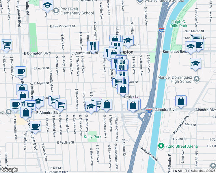 map of restaurants, bars, coffee shops, grocery stores, and more near 15512 South White Avenue in Compton