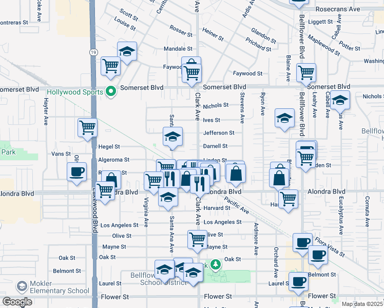 map of restaurants, bars, coffee shops, grocery stores, and more near 15615 Clark Avenue in Bellflower