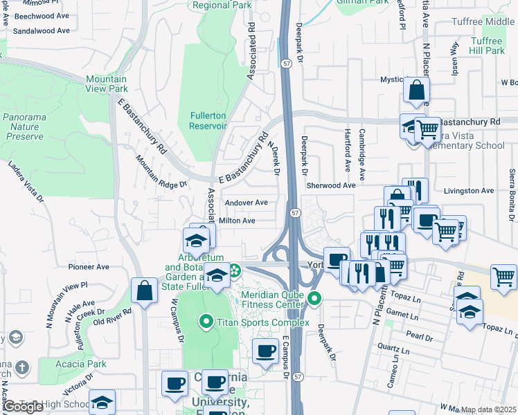 map of restaurants, bars, coffee shops, grocery stores, and more near 2673 Andover Avenue in Fullerton