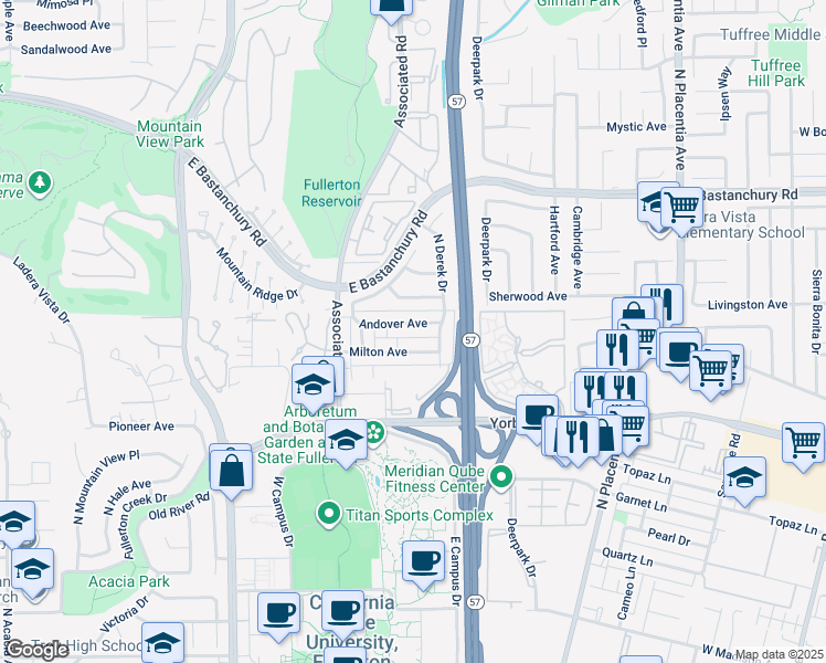map of restaurants, bars, coffee shops, grocery stores, and more near 2100 North Derek Drive in Fullerton
