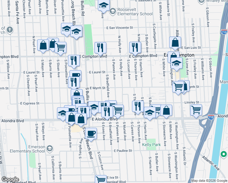 map of restaurants, bars, coffee shops, grocery stores, and more near 511 South Pannes Avenue in Compton