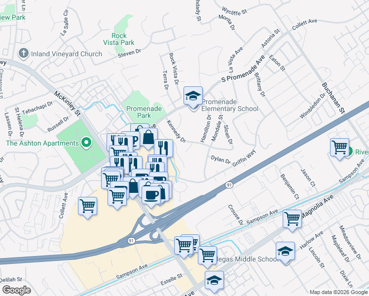 map of restaurants, bars, coffee shops, grocery stores, and more near 2526 Kennedy Drive in Corona