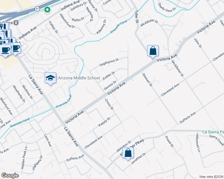 map of restaurants, bars, coffee shops, grocery stores, and more near 10745 Victoria Avenue in Riverside