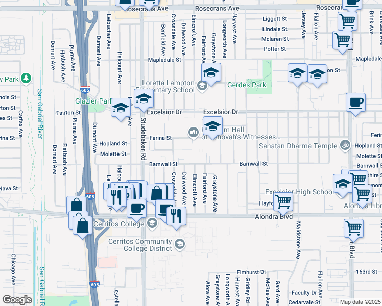 map of restaurants, bars, coffee shops, grocery stores, and more near 11123 Molette Street in Norwalk