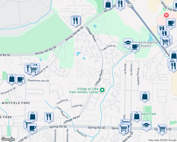 map of restaurants, bars, coffee shops, grocery stores, and more near 2200 Woodlands Drive Southeast in Smyrna