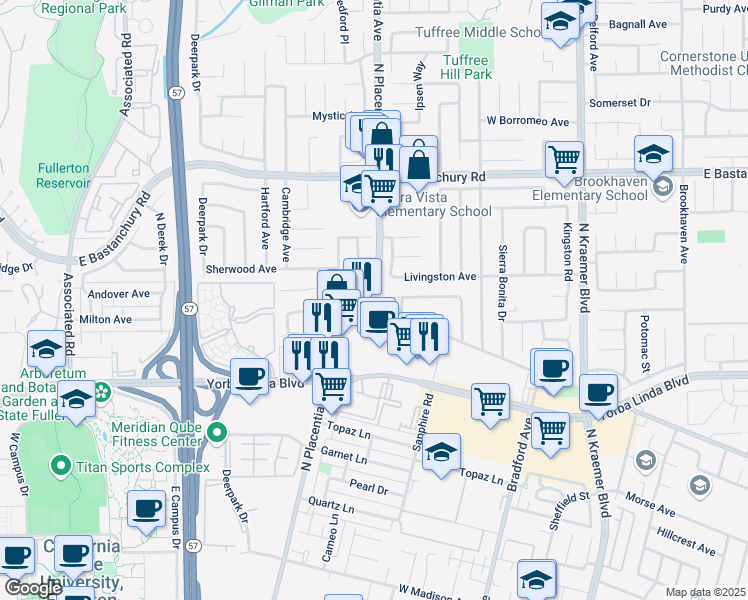 map of restaurants, bars, coffee shops, grocery stores, and more near 1662 Saint James Place in Placentia