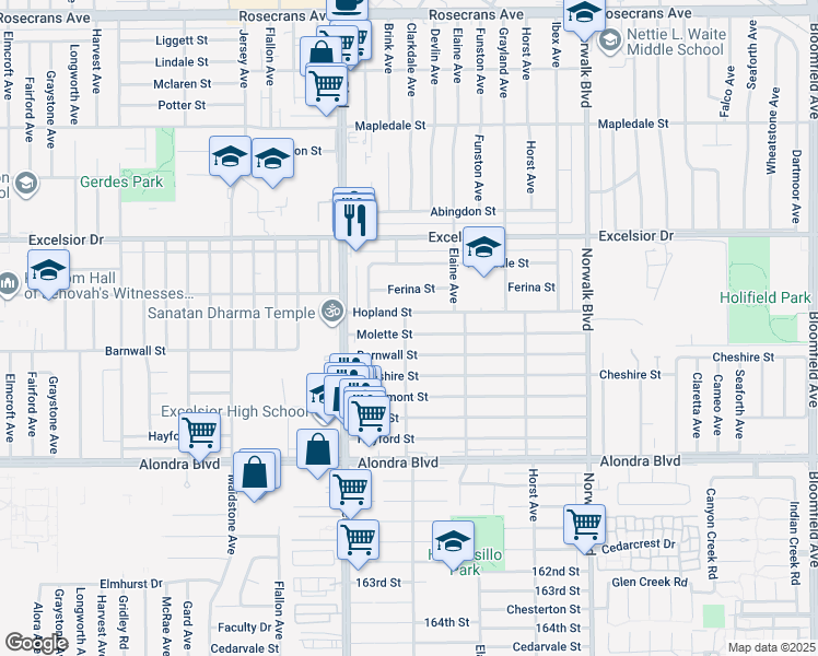 map of restaurants, bars, coffee shops, grocery stores, and more near 11900 Hopland Street in Norwalk