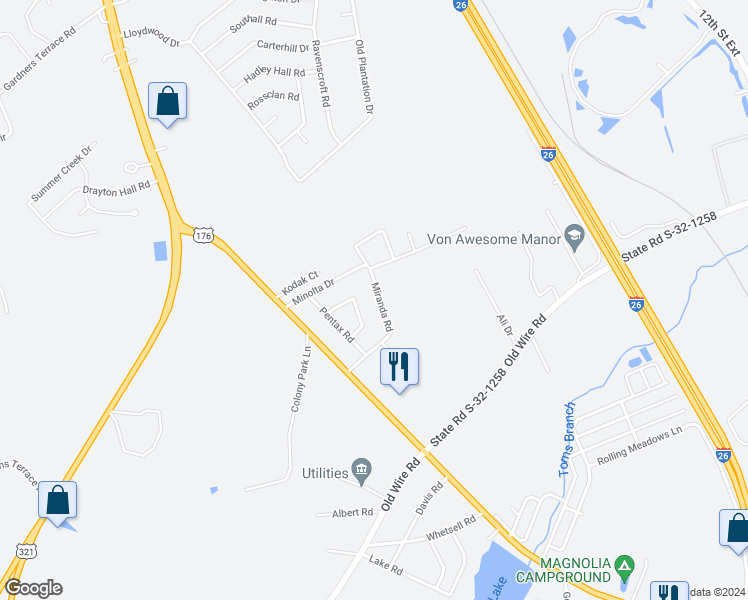 map of restaurants, bars, coffee shops, grocery stores, and more near 135 Miranda Road in West Columbia