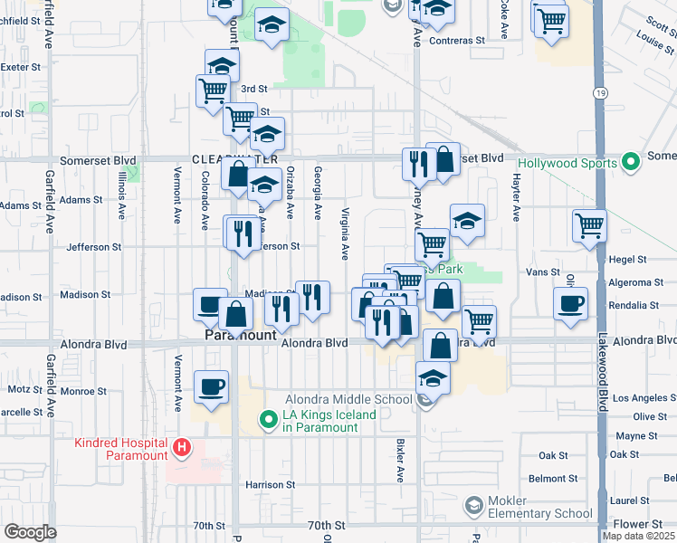 map of restaurants, bars, coffee shops, grocery stores, and more near 15533 Virginia Avenue in Paramount