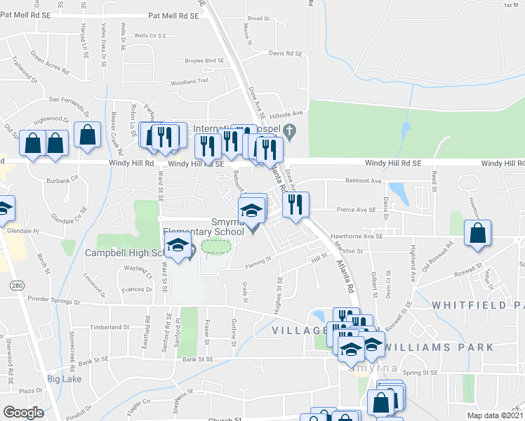 map of restaurants, bars, coffee shops, grocery stores, and more near 1005 Kirkland Circle in Smyrna