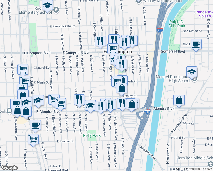 map of restaurants, bars, coffee shops, grocery stores, and more near 15512 South White Avenue in Compton