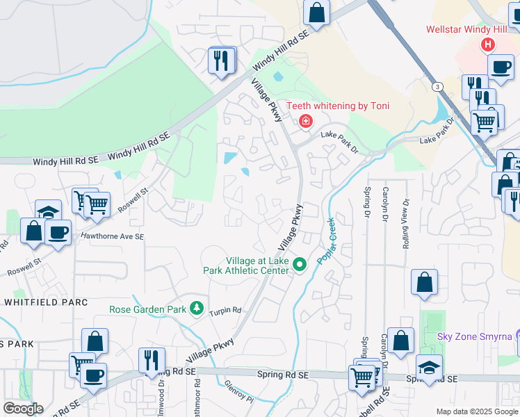 map of restaurants, bars, coffee shops, grocery stores, and more near 2200 Woodlands Drive Southeast in Smyrna