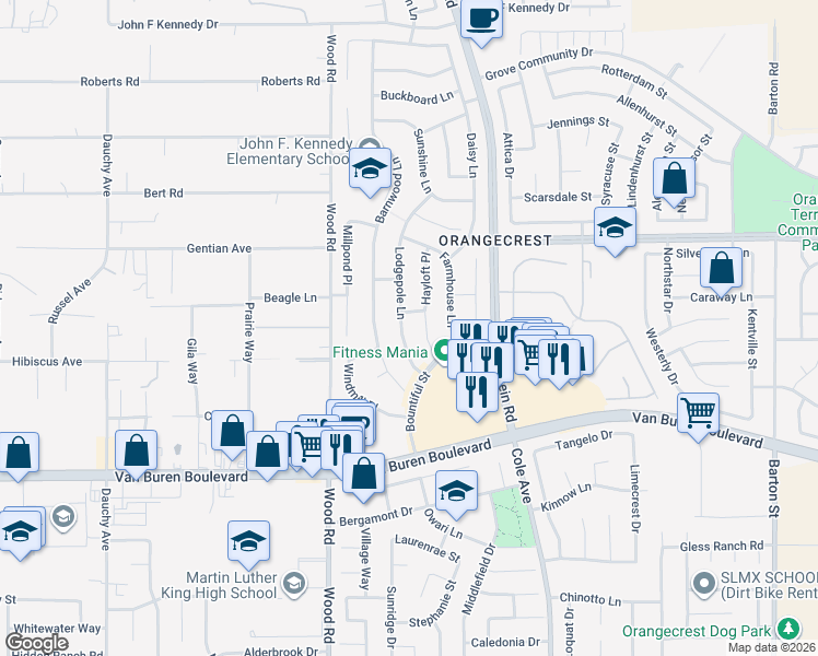 map of restaurants, bars, coffee shops, grocery stores, and more near 8648 Lodgepole Lane in Riverside