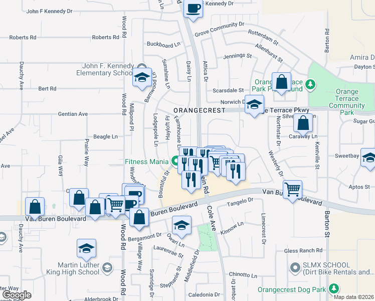 map of restaurants, bars, coffee shops, grocery stores, and more near 8679 Cabin Place in Riverside