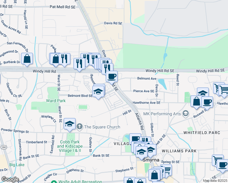 map of restaurants, bars, coffee shops, grocery stores, and more near 1 Dixie Avenue Southeast in Smyrna
