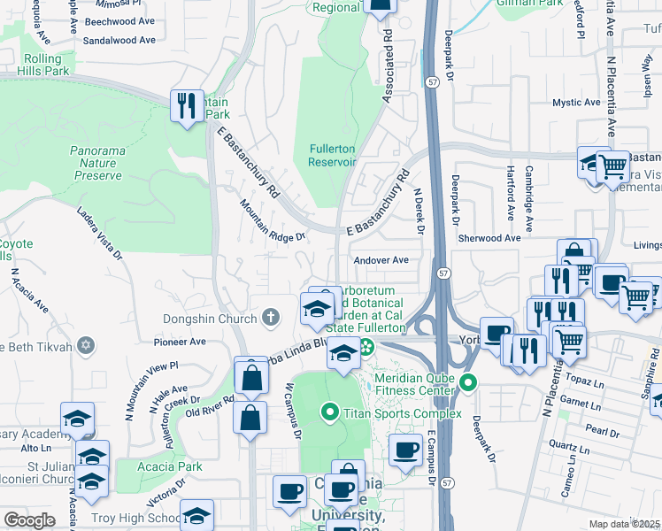 map of restaurants, bars, coffee shops, grocery stores, and more near 2124 Woodbriar Court in Fullerton