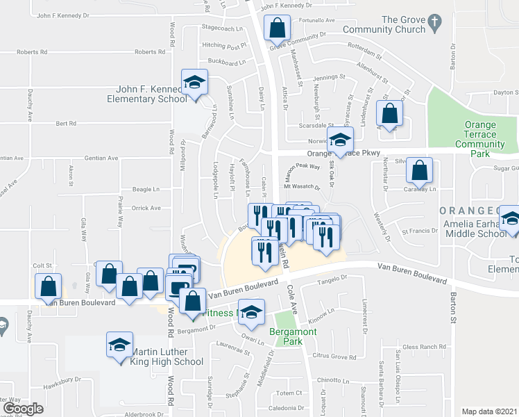 map of restaurants, bars, coffee shops, grocery stores, and more near 8679 Cabin Place in Riverside