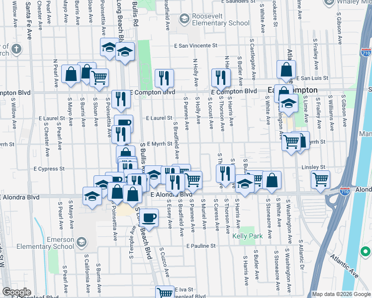 map of restaurants, bars, coffee shops, grocery stores, and more near 511 South Pannes Avenue in Compton