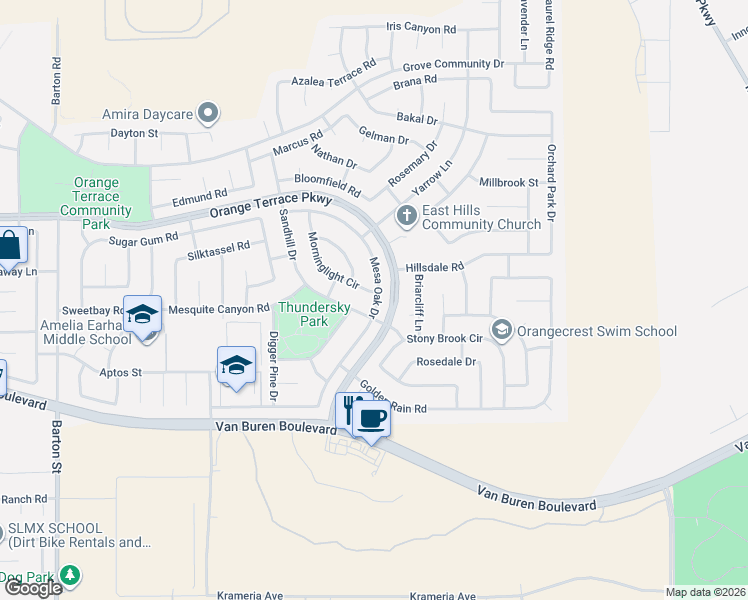 map of restaurants, bars, coffee shops, grocery stores, and more near 8728 Mesa Oak Drive in Riverside