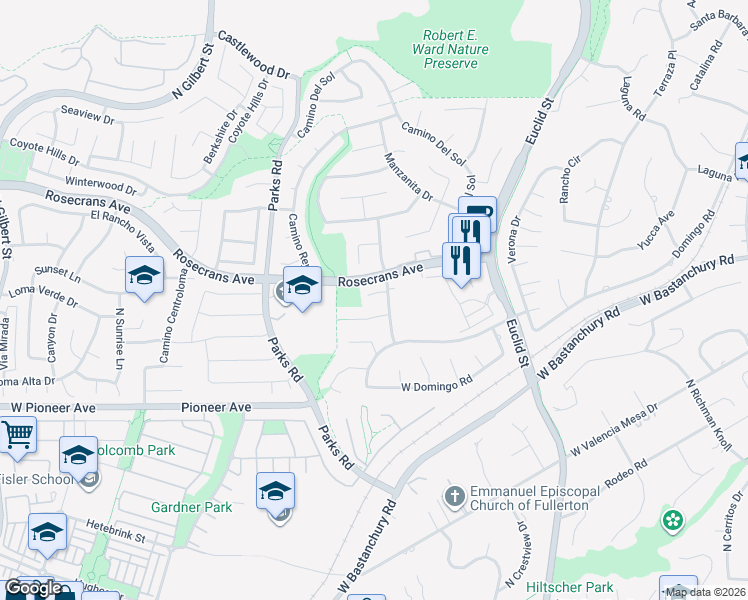 map of restaurants, bars, coffee shops, grocery stores, and more near 1510 West El Paso Lane in Fullerton