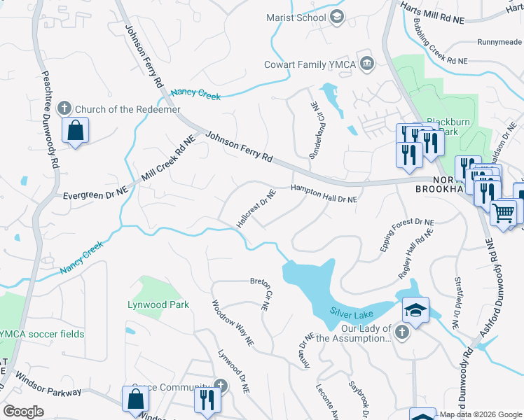 map of restaurants, bars, coffee shops, grocery stores, and more near 3475 Hallcrest Drive Northeast in Atlanta