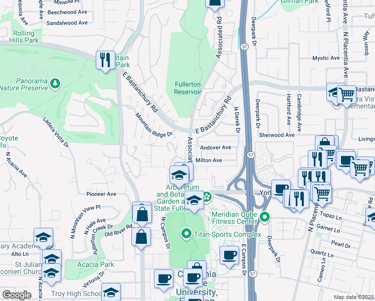map of restaurants, bars, coffee shops, grocery stores, and more near 2124 Woodbriar Court in Fullerton