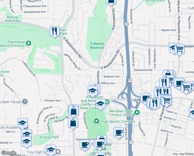 map of restaurants, bars, coffee shops, grocery stores, and more near 2134 Rockridge Court in Fullerton