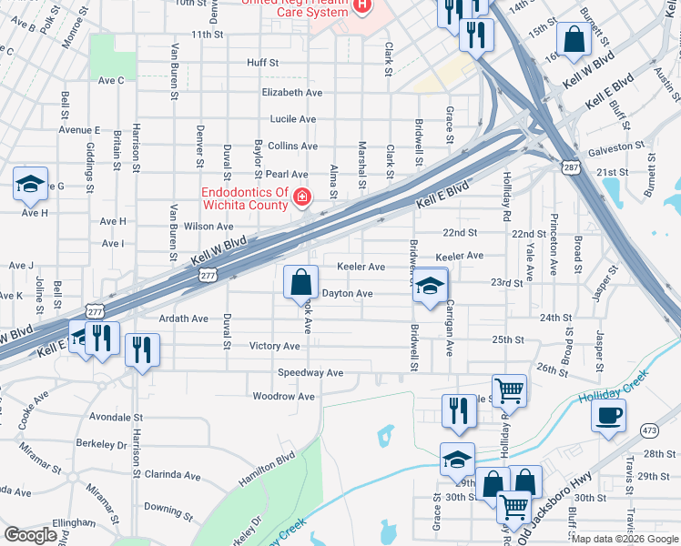 map of restaurants, bars, coffee shops, grocery stores, and more near 1662 Keeler Avenue in Wichita Falls