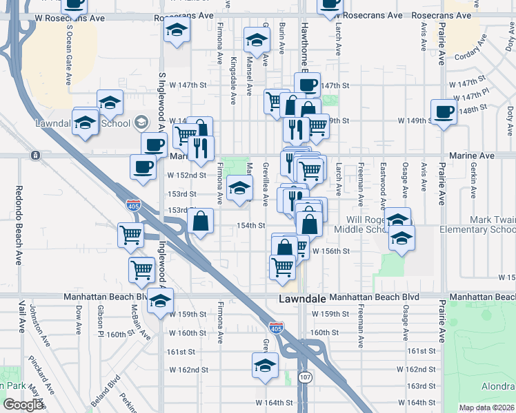 map of restaurants, bars, coffee shops, grocery stores, and more near 4512 153rd Street in Lawndale