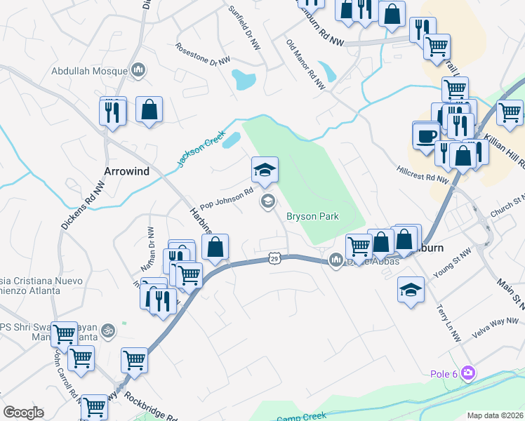 map of restaurants, bars, coffee shops, grocery stores, and more near 531 Lilburn School Road Northwest in Lilburn