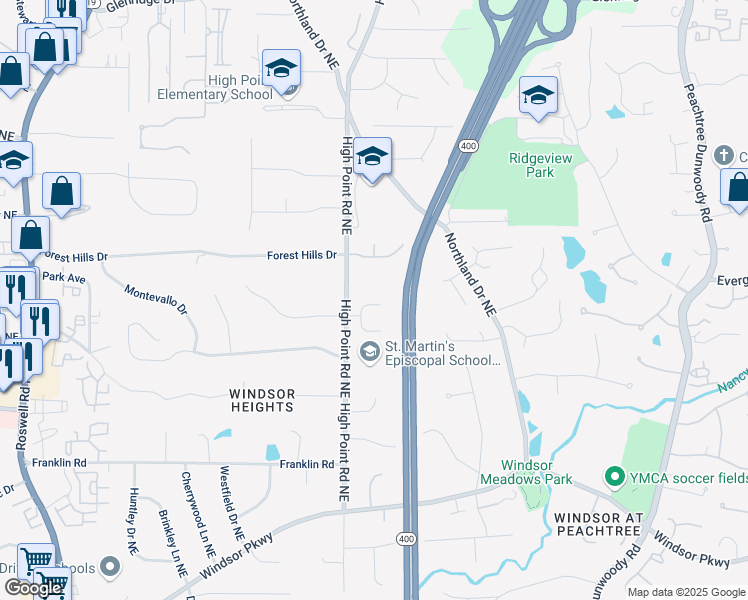 map of restaurants, bars, coffee shops, grocery stores, and more near 150 High Point Walk Northeast in Atlanta