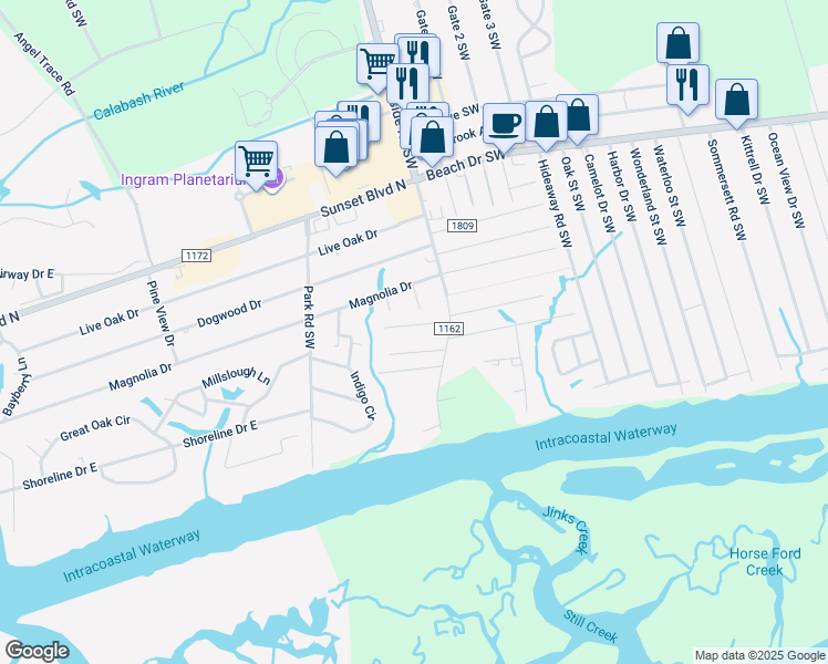 map of restaurants, bars, coffee shops, grocery stores, and more near 822 Salt Marsh Street Southwest in Sunset Beach