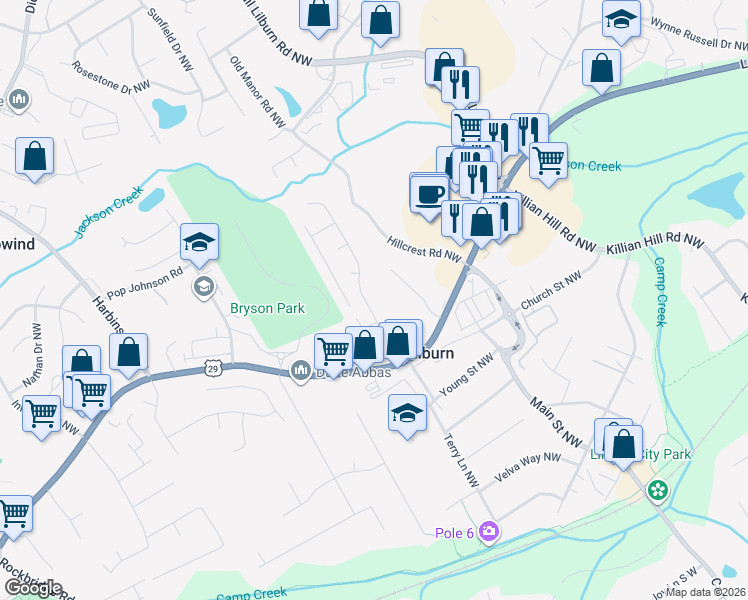 map of restaurants, bars, coffee shops, grocery stores, and more near 395 Holly Ridge Drive Northwest in Lilburn