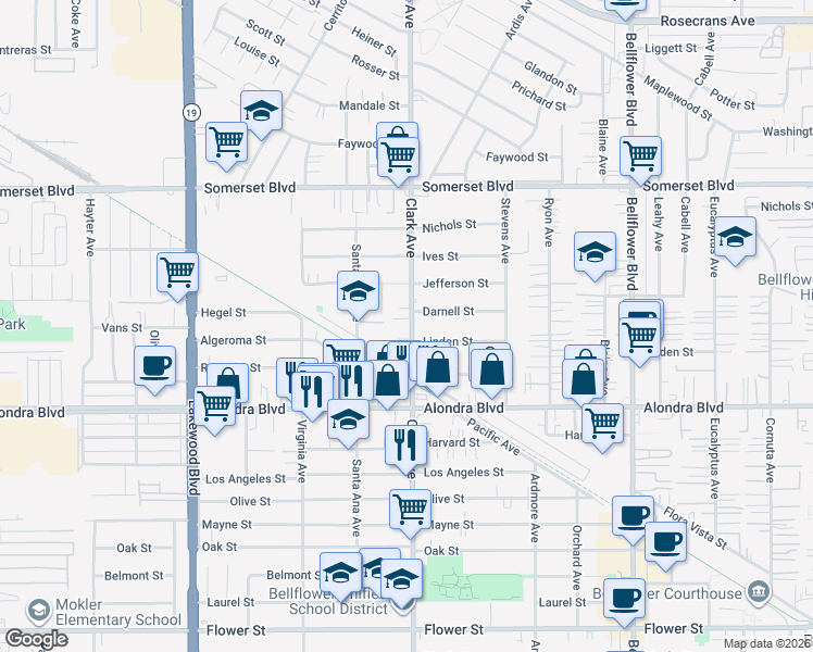 map of restaurants, bars, coffee shops, grocery stores, and more near 15615 Clark Avenue in Bellflower